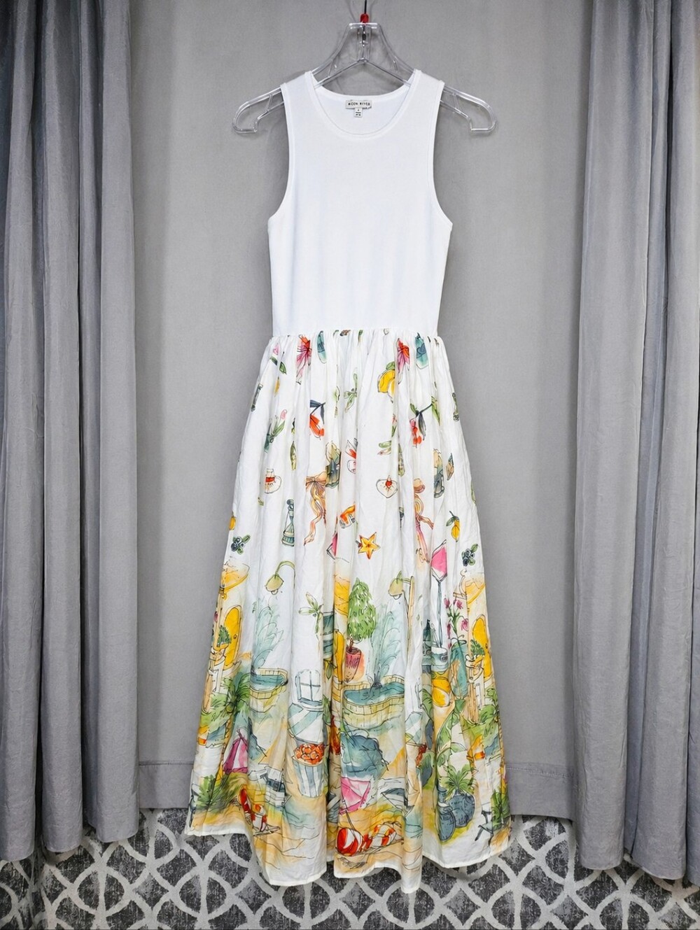 Moon River Ribbed Knit Bodice Scenic Skirt Sleeveless Coastal Chic Midi Dress